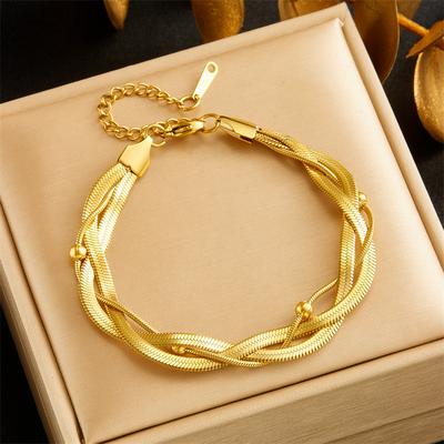 Vergoldetes mehrschichtiges Fischgrät-Armband Zierliches gedrehtes Kettenglied-Armband für Damen