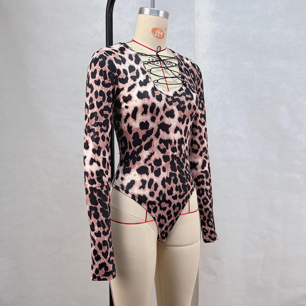 2026 Autumn Women's Leopard Print V-neck Tie-up Long Sleeve Jumpsuit