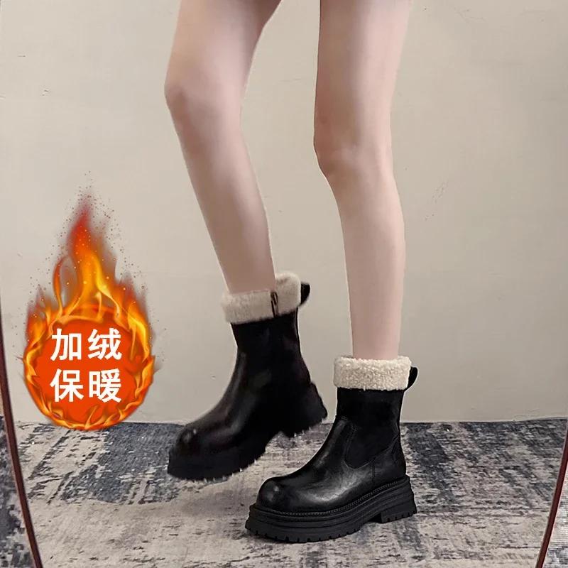 Fashion Platform Women Warm Plush Ankle Boots Fashion Short Booties Concise Thick Heel Women's Cotton Shoes