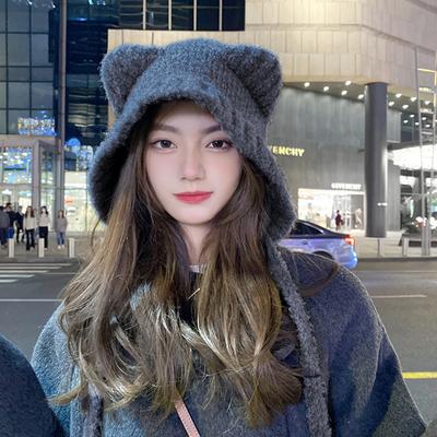 Cute Bear Ear Wool Hat Winter Beanies Warm Lace-up Ear Protection Knitted Bomber Cap Bonnets Knitting Korea Women Warm