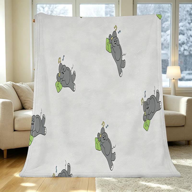 Cartoon Elephant Fleece Blanket - Hemmed Plush Throw: Warm, Breathable Comfort, Ideal for Home Naps, Sofa Use, Halloween & Christmas