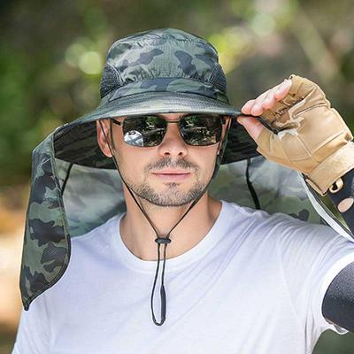 Chapeau seau pour homme avec cache-nuque 10 cm à large bord Chapeau de soleil Imperméable Travail extérieur Sport Anti-UV Casquette Bassin Maille respirante Pêche Panama