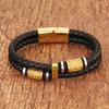 Pulseira Nórdica Viking de Couro Trançado com Duas Tiras em Ouro e Aço Inoxidável