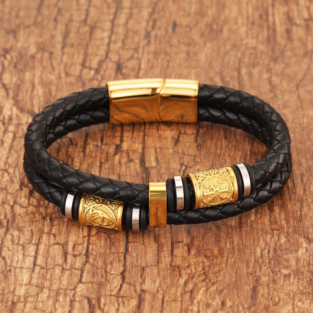 Pulseira Nórdica Viking de Couro Trançado com Duas Tiras em Ouro e Aço Inoxidável