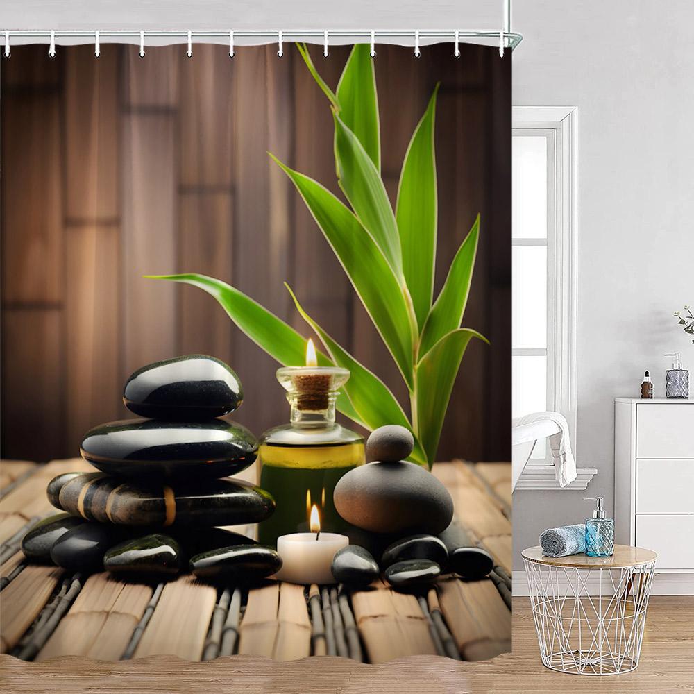 Zen Zasłony Prysznicowe Czarny Kamień Zielony Bambus Lotos Spa Świeca Fioletowa Orchidea Naturalny Liść Zasłona Łazienkowa Medytacja Wystrój Kąpieli