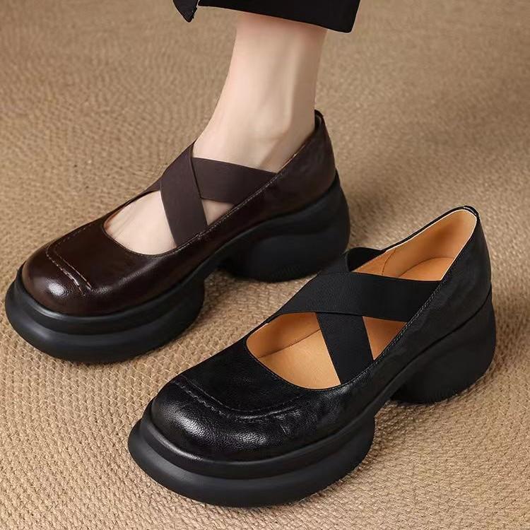 Light and soft series~ Huge comfort~ New leather single shoes women's small thick-soled Mary Jane shoes cross-strap leather shoes