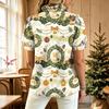 Women's V-Neck Christmas Print Short Sleeve Button-Up Blouse with Ruffle Trim
