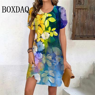 Gradient Painting Flowers Women Dress Summer Short Sleeve Loose Pullover Vintage Dresses Casual 3D Print Female Vestidos