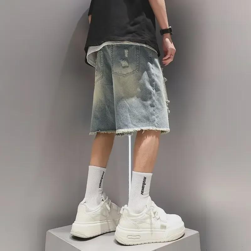 Pánské americké Retro Distressed Mid-Length Ripped Denim šortky na léto