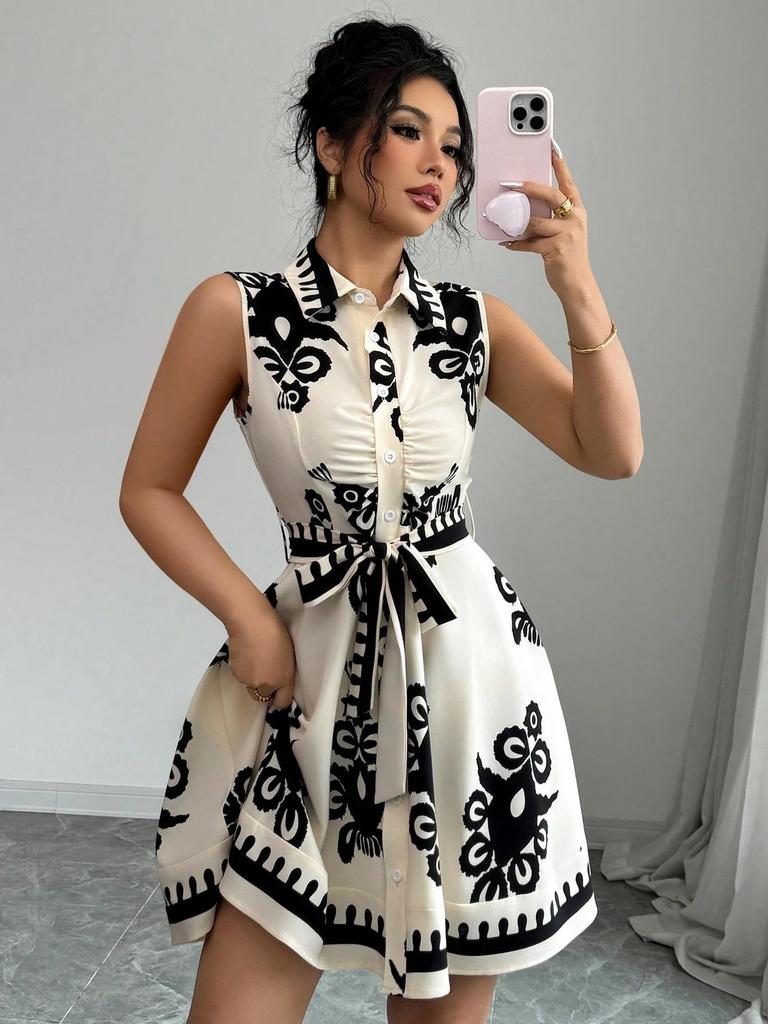 European & American Women's Summer 2025 Sleeveless Lace-up Waist-cinching Printed Dress