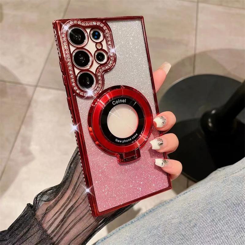 Suitable for Samsung S25 Ultra Mobile Phone Case Flash Powder Gradient Electroplated Rhinestone Magnetic Suction Bracket S24 Anti Fall A56