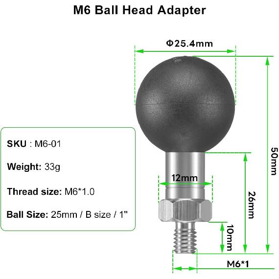 FANAUE 1'' Ball Adapter with M6 x 1.0mm Threaded, Compatible with RAM Mounts B Size 1 Inch Screw Ball Head for Bike,Motorcycle,ATV,Rearview Mirror,2