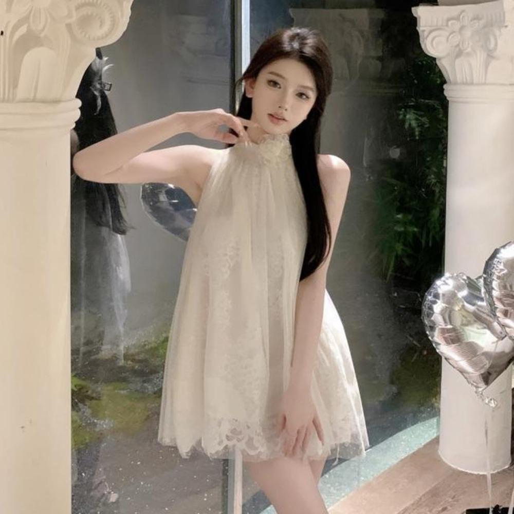 Super Fairy Camellia Lace Halterneck Sleeveless Off-shoulder Loose Sweet Age-reducing Dress Sexy Pure Desire Socialite Short Skirt