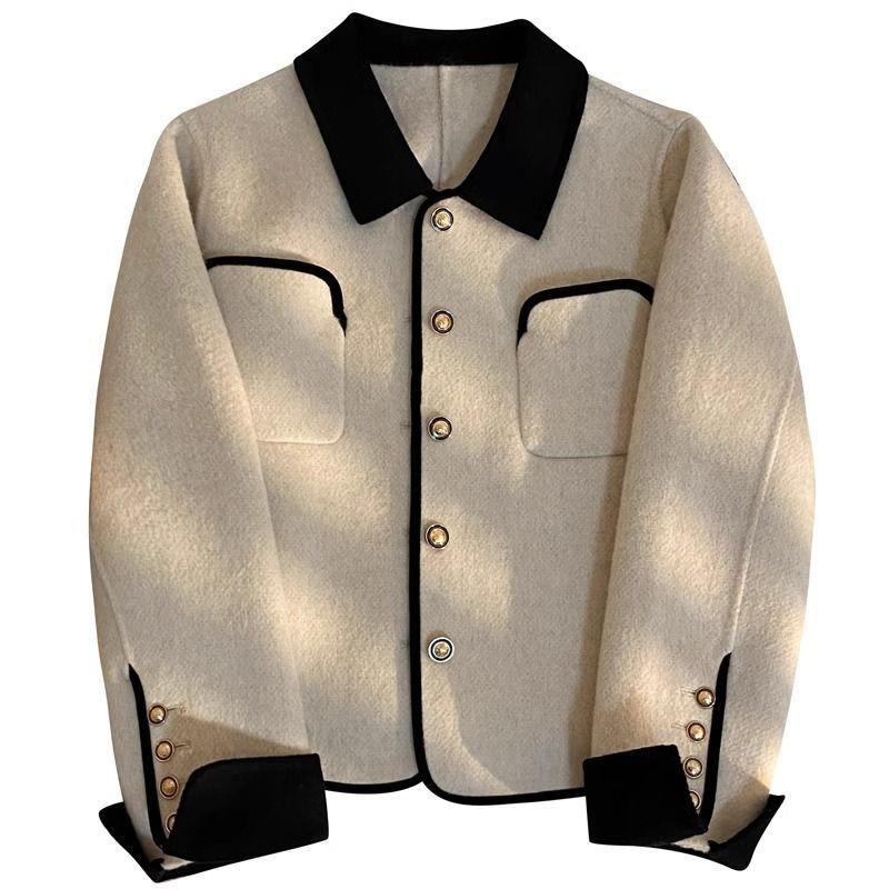 Womens Beige Double-Sided Wool Blend Short Coat Winter French Chic Casual Outerwear