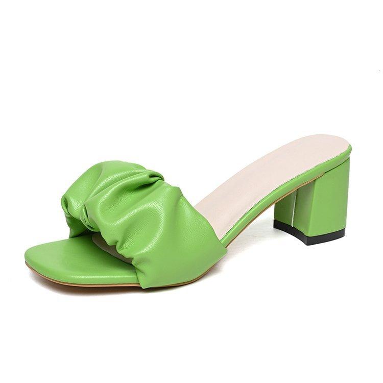 Fashion Hot Selling 2025 Heel Slippers Fashion Pleated Square Toe Green Orange Women Sandals Casual Elegant Ladies Sandals Plus Size 42