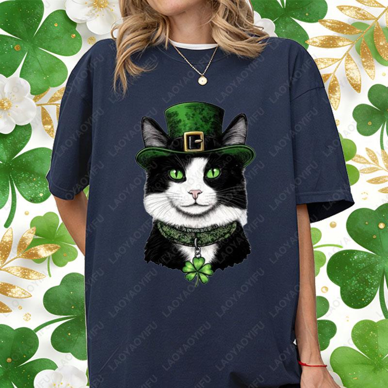 St Patricks Day Casual Unisex Cotton Shirts Lucky Clover Cute Tuxedo Cats Oneck Printed Tops Irish Women Ropa Mujer Cat Lover