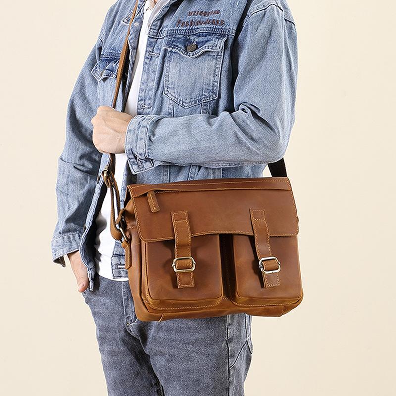 Men's Crossbody Bag, Crazy Horse Leather Single Shoulder Men's Bag, Large Capacity Personalized Mailman's Bag, Layered Cow Casual Retro Bag