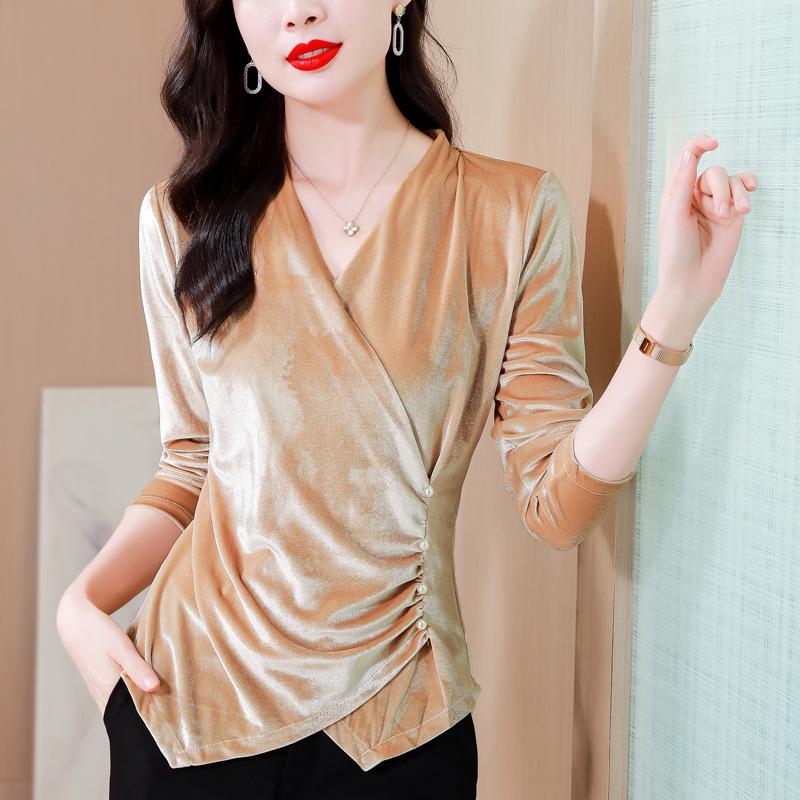 

Модный осенне-зимний новый дизайн с V-образным вырезом, из золотого бархата, приталенного кроя, для ношения поверх в качестве базовой рубашки. 3XL