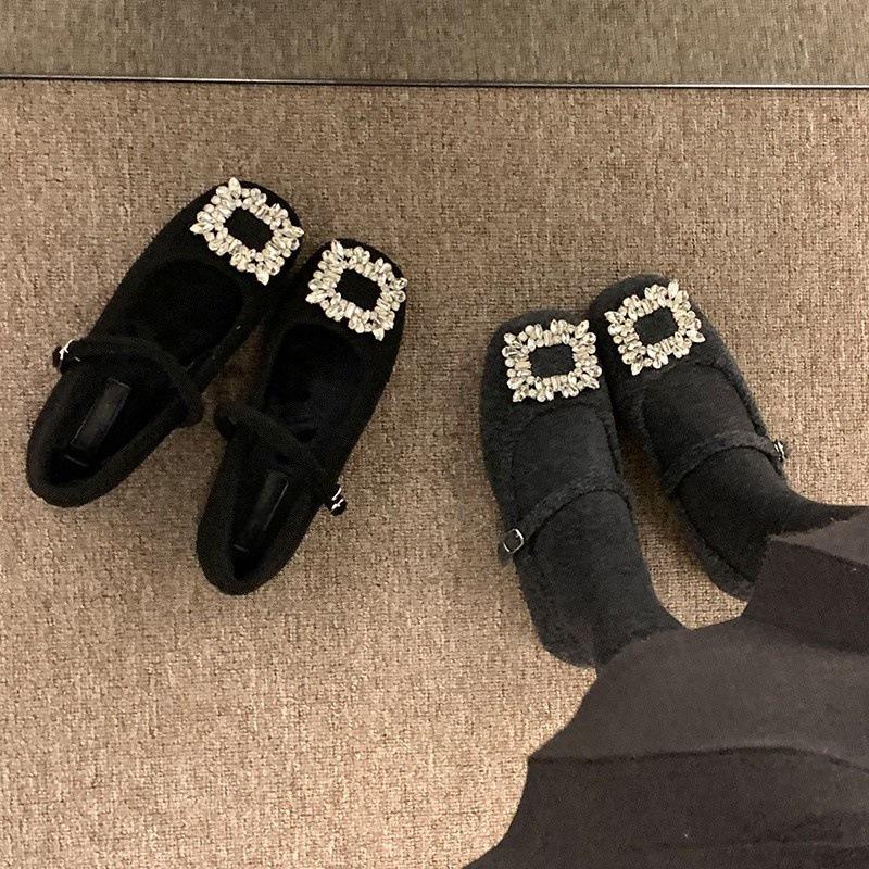 Rhinestone Mary Jane Single Shoes Plush Shoes Cotton Shoes Round Head Commuting Shoes