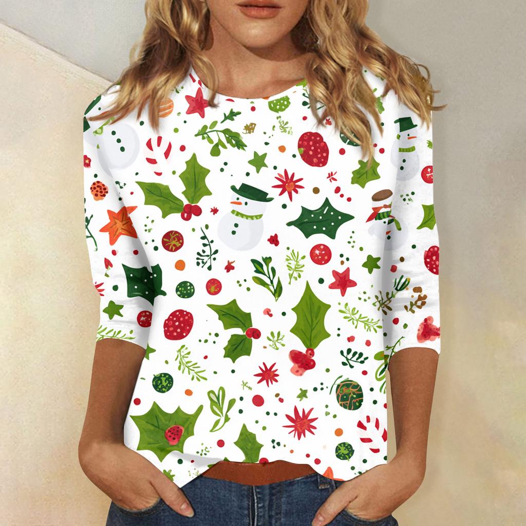 Women's Tops Three-quarter Sleeve Shirt V-neck Loose Casual Shirt Print T-shirt