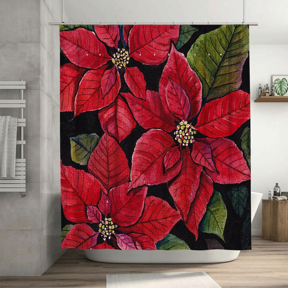 Red Poinsettia Shower Curtain Christmas Decoration Waterproof Bath Mat Home Decor Bathroom Liner 72X84In