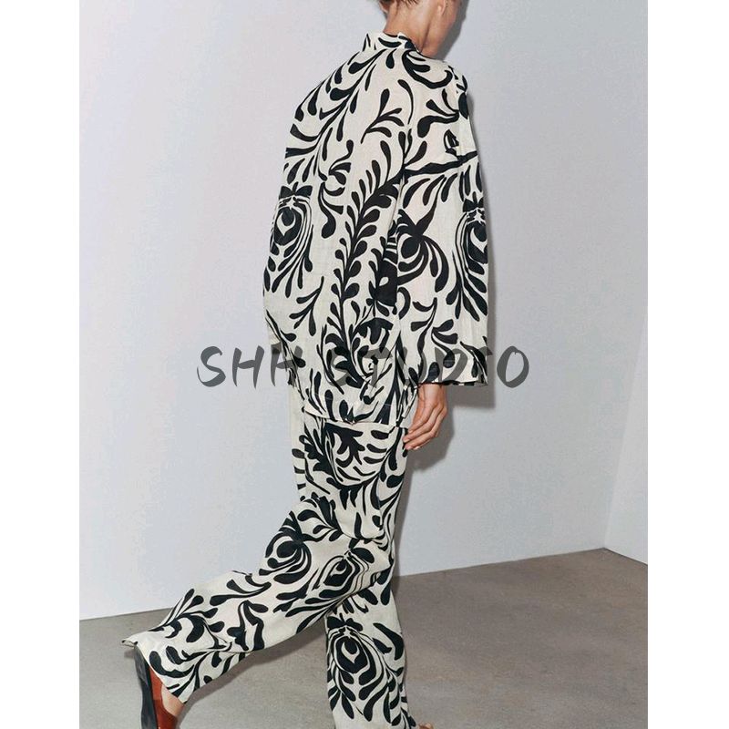 Summer New Arrival Print Long Sleeves Lapel Coat 2731084 Mid-Waist Straight Casual Pants 2731089
