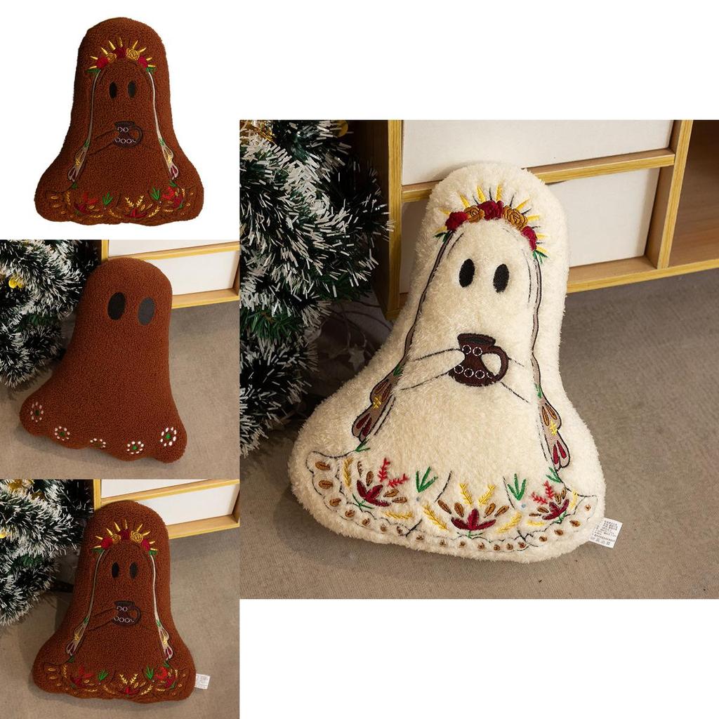 Halloween Ghost Plush Cushion With Embroidered Design For Living Room Decor
