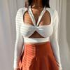 European, American summer and autumn T-shirt hollow lace-up, navel-exposed long-sleeved square-neck sexy top short