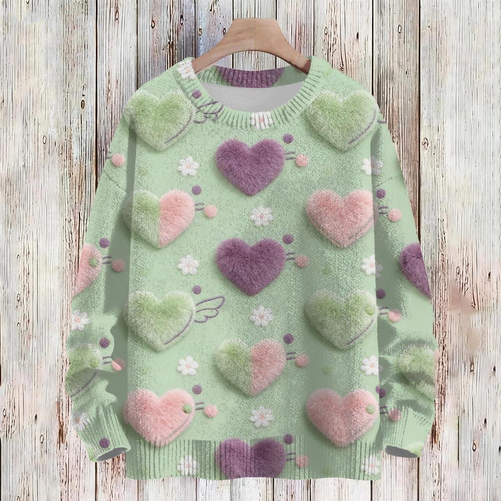 Damenmode Lässig Langärmlig Valentinstag Rundhals Strickpullover Top