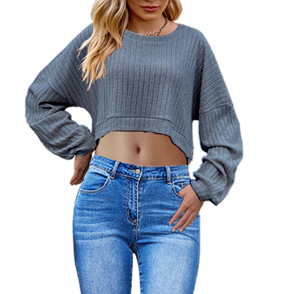 GMXIA Autumn and Winter Women's Wear Is A Brushed Pit Striped Knitted Crop Top with Long Sleeves and Short T-shirts