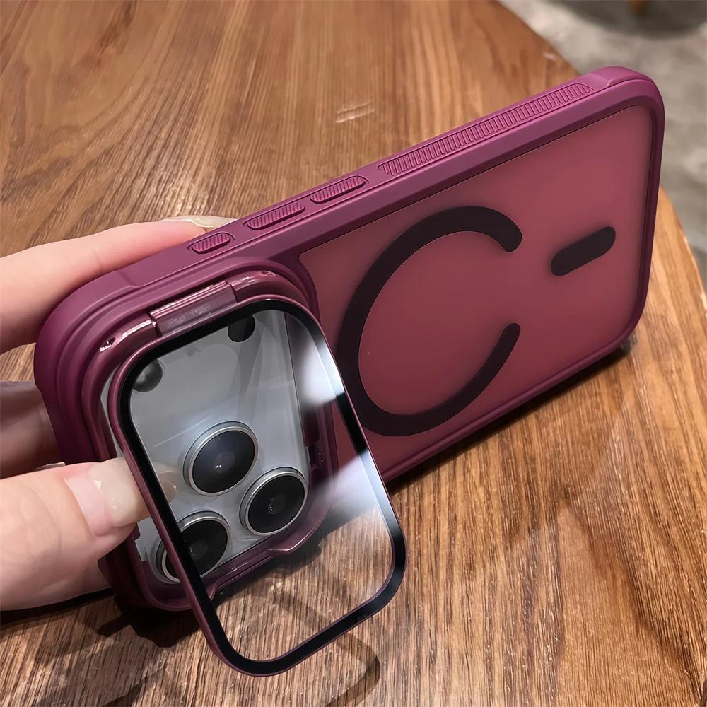 Full Lens Flip Stand For Magsafe Armor Magnetic Phone Case For iPhone 17 16 15 14 13 12 Pro Max Air Wireless Charge Matte Cover