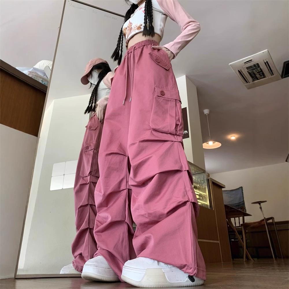 Girls' Chinese Style Pleated Cargo Pants - Spring/Autumn American Street Dance, Outdoor Sports, Plus Size, Straight Leg.
