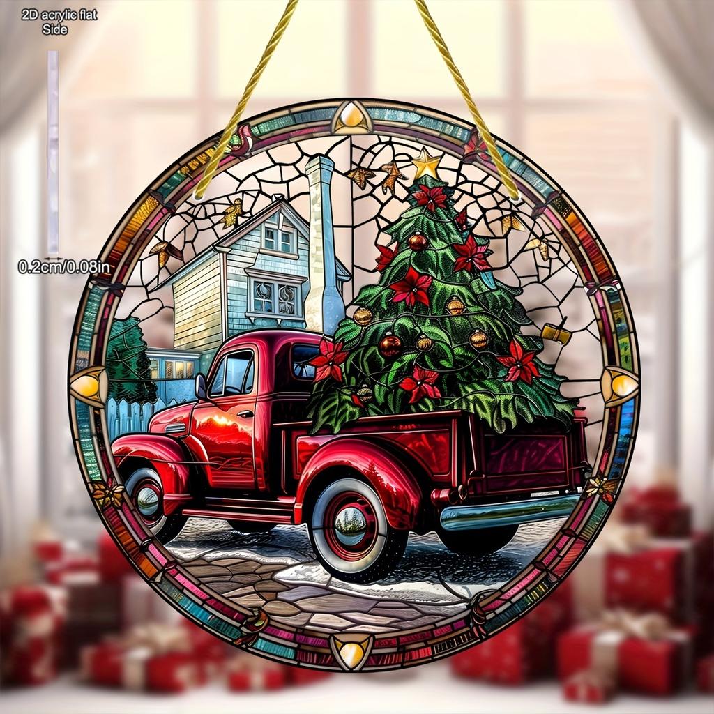 Christmas Vintage Truck Lighthouse Suncatcher Window Decor Wreath Sign Scene, Novelty Home Decor, Perfect Durable for Bedroom