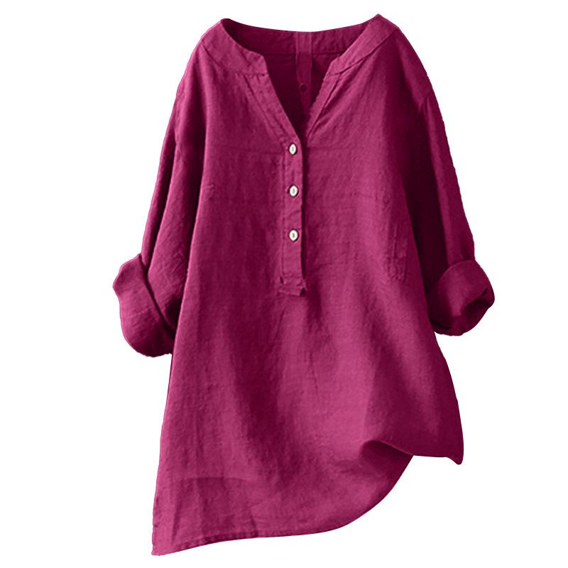 European & American Loose Plain Stand Collar Button Long Sleeve Cotton Linen Top for Women