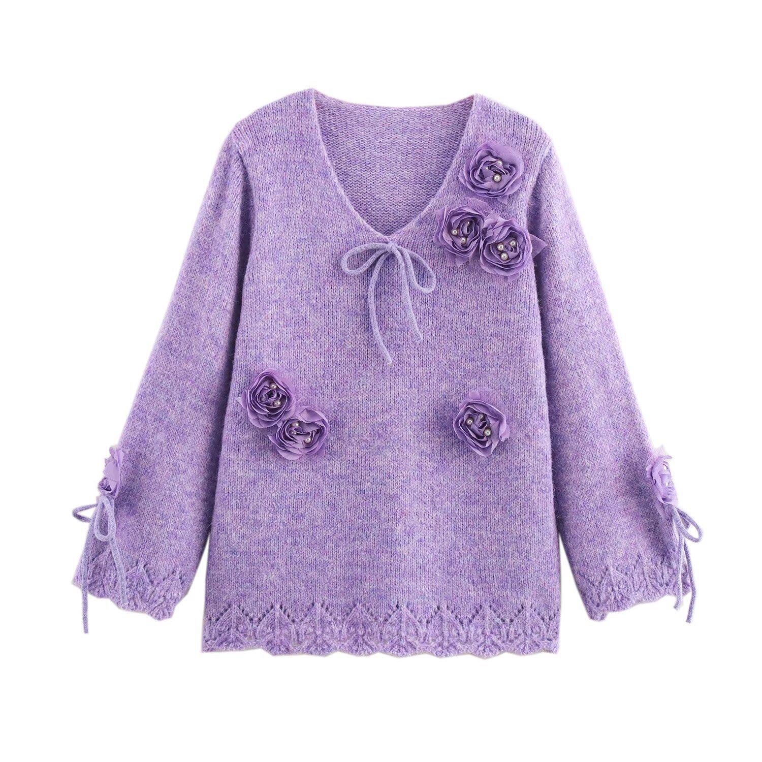 

Весна 2025 Женский пуловер вязаный крючком из кружева в европейском/американском стиле с V-образным вырезом One Size фиолетовый