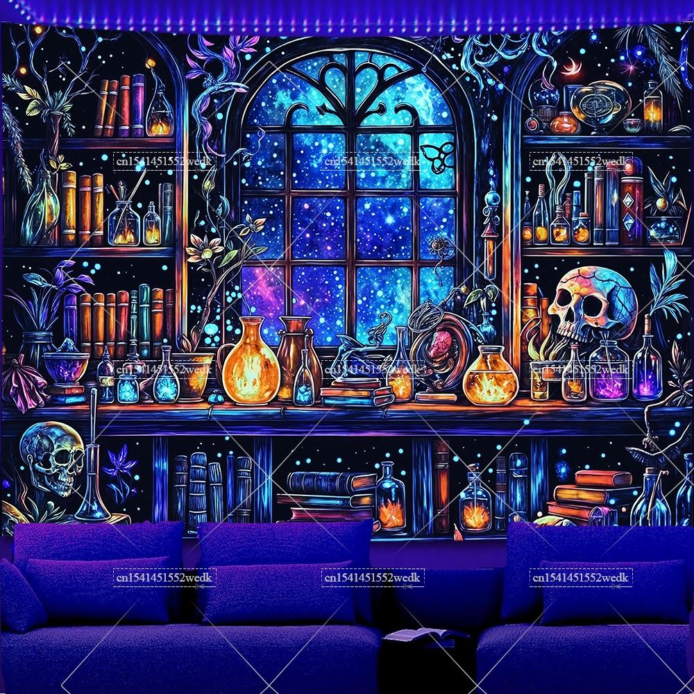 Magic Bookshelf Blacklight Tapestry UV Reactive Skull Library Neon Tapestrys Aesthetic Witchy Alchemy Fluorescent Tapestries