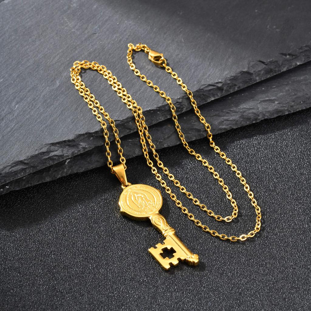 Vnox Stainless Steel Virgin Mary Pendant Key Necklace for Men Women, Gold Color Catholic Religious Saint Benedict Jewelry Gifts