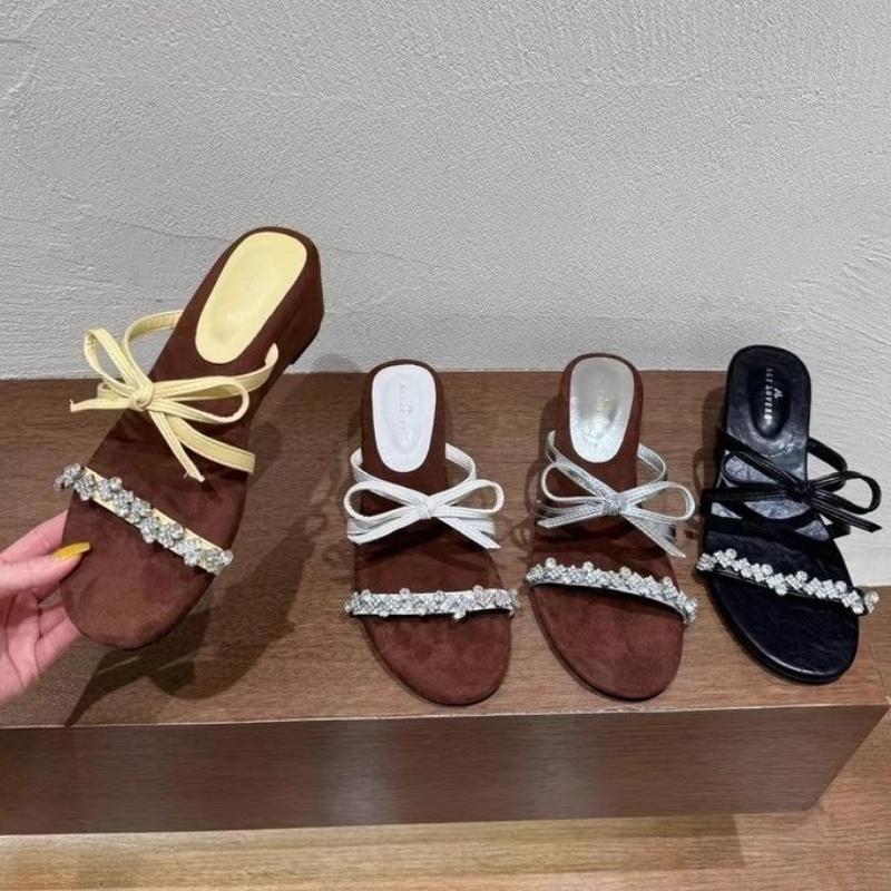 Elegant Butterfly Knot Slope Heel Women's Summer Outdoor Wear 2025 New French Style Square Head Open Toe High Heels Slides