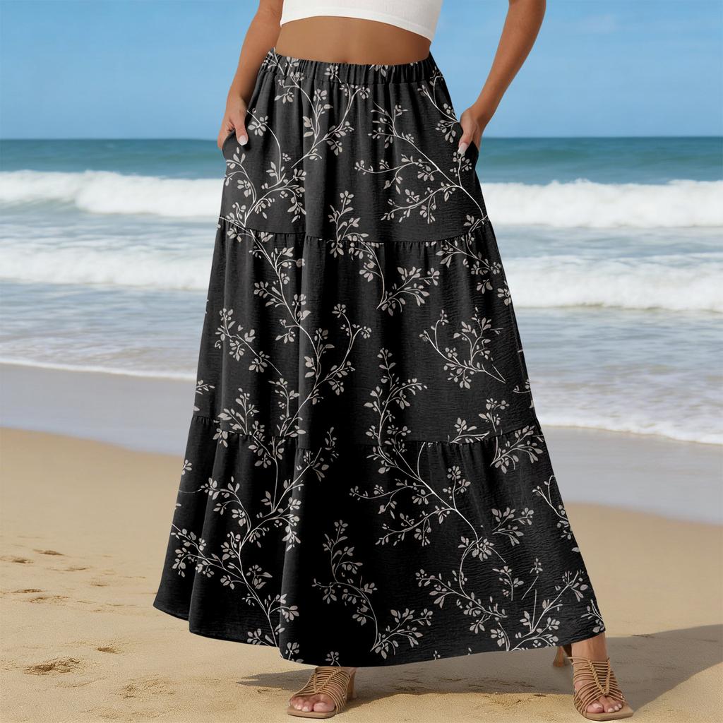 Women Elastic Waist Floral Print Boho Maxi Skirt with Pockets Lightweight A Line Long Skirt