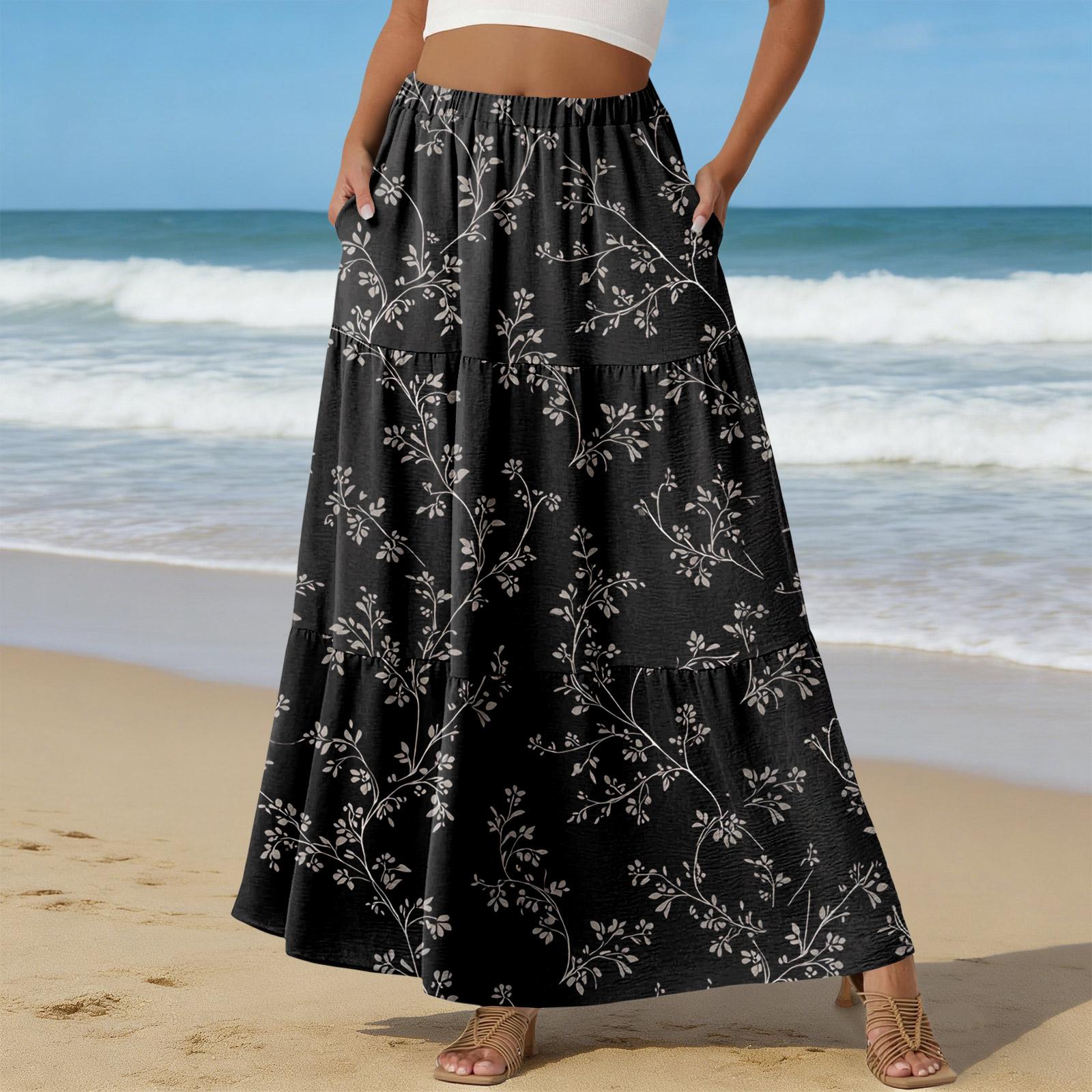 Women Elastic Waist Floral Print Boho Maxi Skirt with Pockets Lightweight A Line Long Skirt L
