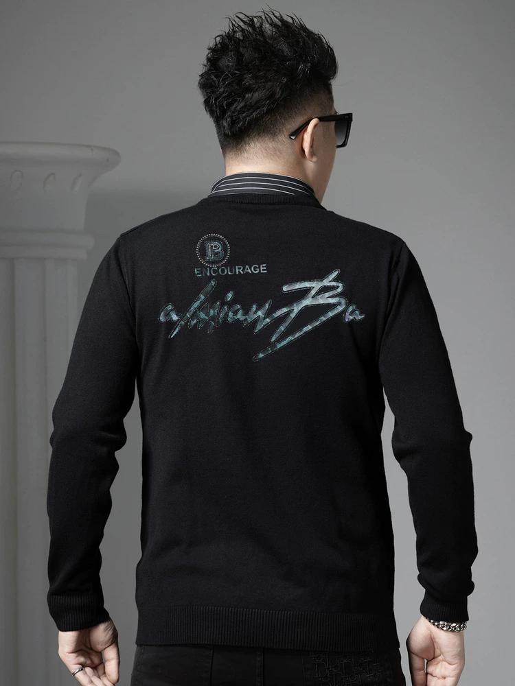 European Trendy Brand Letter-Printed Warm Knit Sweater for Men, 2025 Autumn and Winter New Style, Round Neck, Faux Two-Piece Sweater for Men