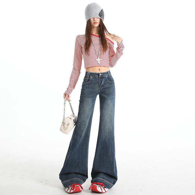 Blue denim micro-pull pants women's spring new design sense retro design sense back bag floor pants