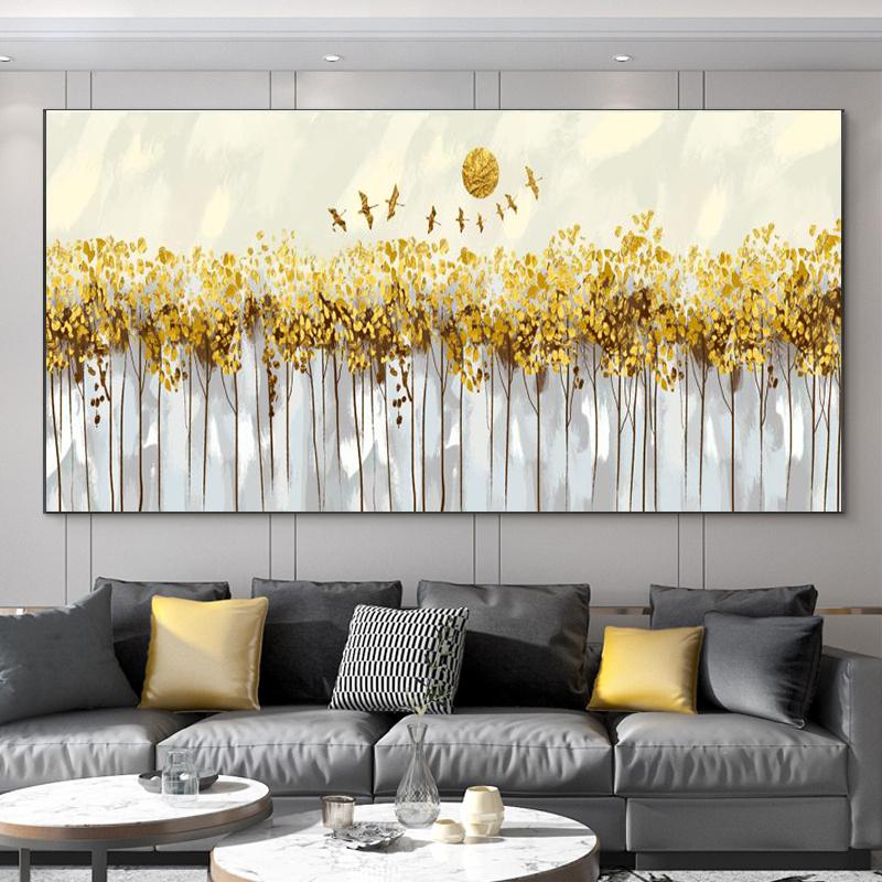 Abstract Leaves Oil Painting Print On Canvas Texture Golden and Silver Trees Wall Art Modern Home Decor Living Room Wall Decor