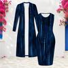 Women Plus Size Two Piece Set Long Sleeve Open Front Cardigan Sleeveless Printed Dark Blue Bodycon Dress