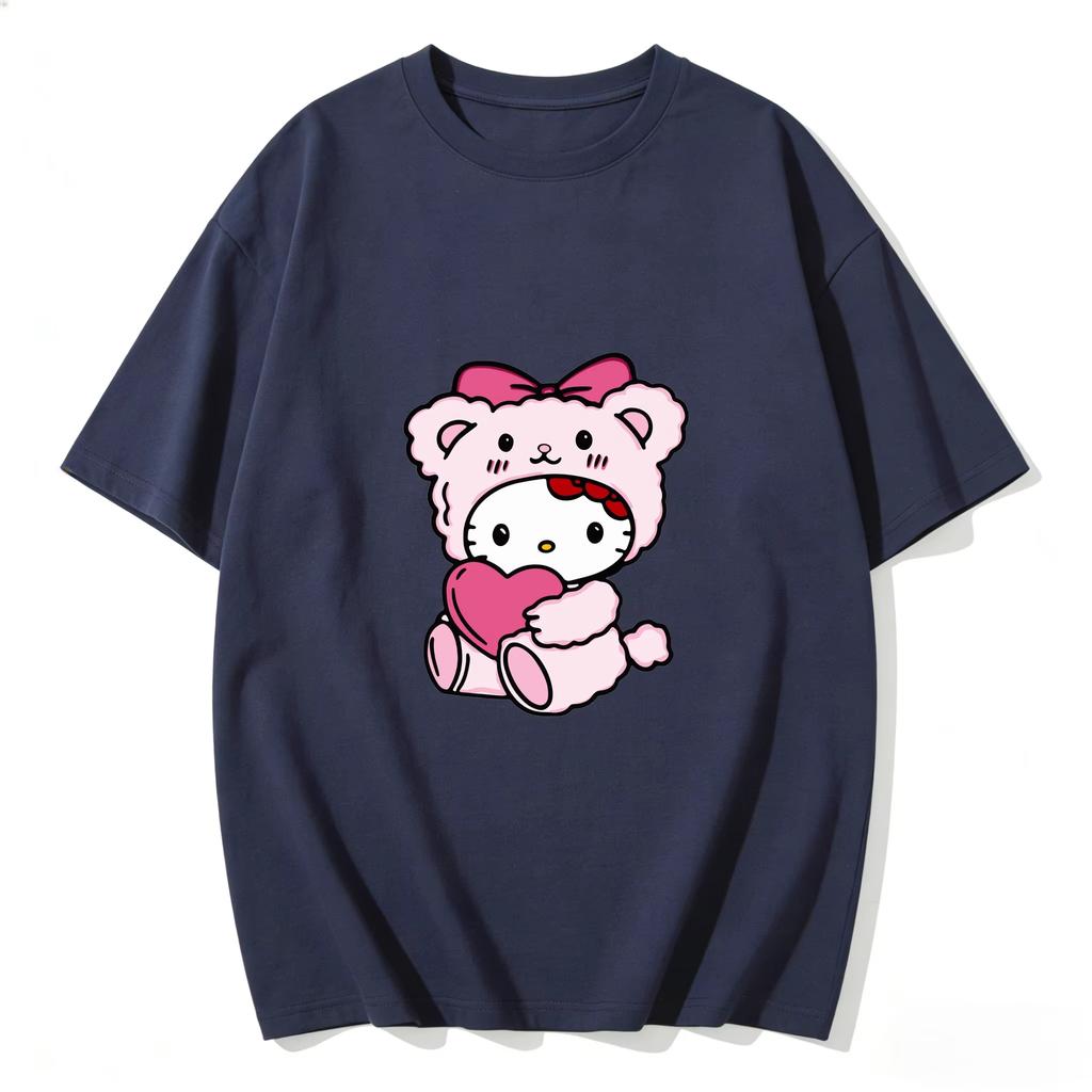 Summer Hello Kitty Cartoon Printed Short Sleeve Pure Cotton Tshirt Womens Family Matching Outfits Classic Fashion Tee Top