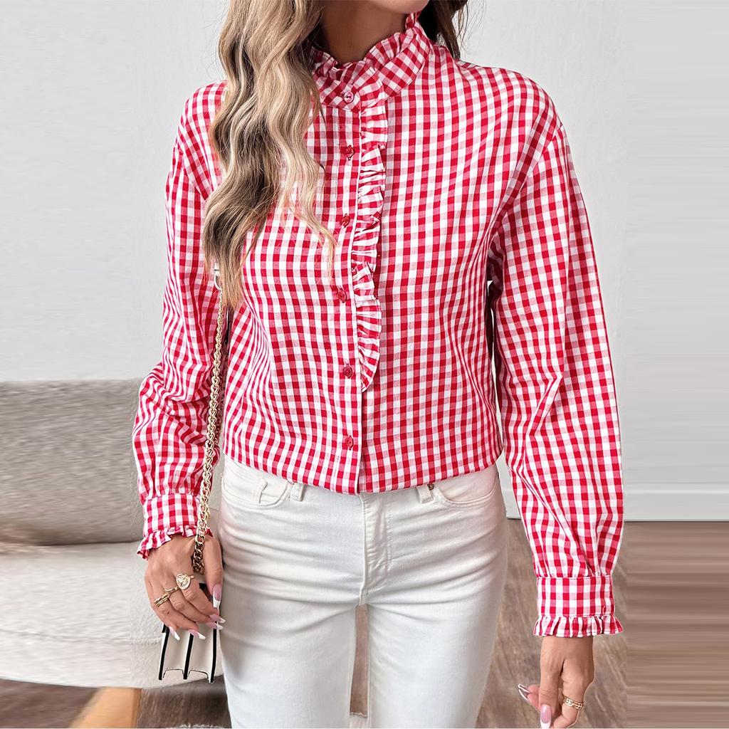 Women's Casual Fashion Plaid Ruffled Loose V-neck Shirt