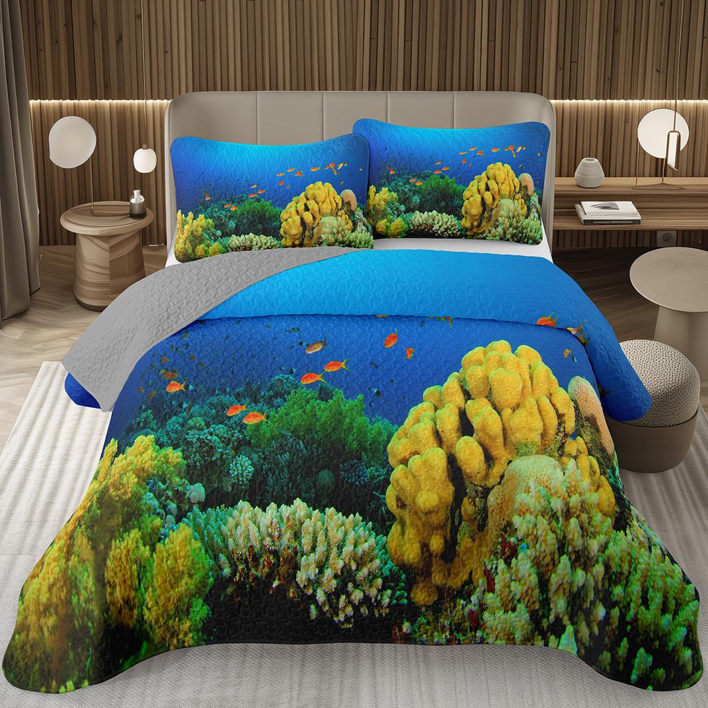 Fish Bedspread Twin Queen Ocean Marine Theme Coverlet Set for Boys Girls Teens Room Soft Lightweight Sea Animal Quilted Bedding