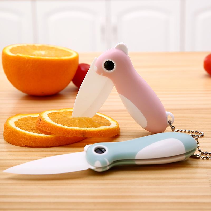 Cute Cartoon Ceramic Cutter Plastic Handle Folding Fruit Knife Kitchen Kids Auxiliary Knives Mini Portable Sharp Knife Peeler