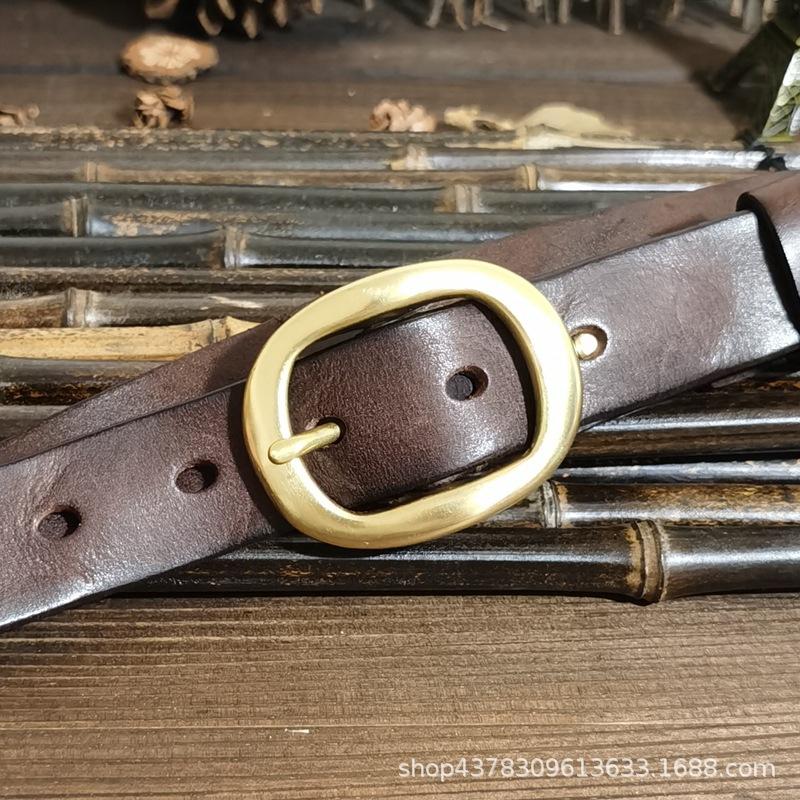 2.8Cm Retro Pleated Trendy Copper Buckle Belt Women'S Genuine Leather Pure Cowhide Versatile Jeans Belt