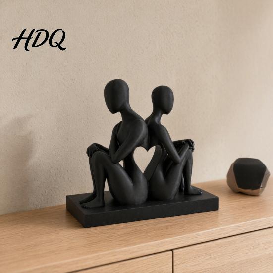 Durable 3D Printed Decor Abstract Back-to-Back Couple Sculpture Matte Black Desktop Ornaments